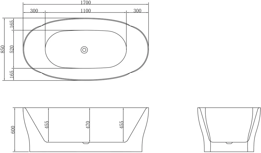 Акриловая ванна BelBagno BB403-1700-850 без опоры 170x85 см, отдельностоящая, овальная, со сливом-переливом