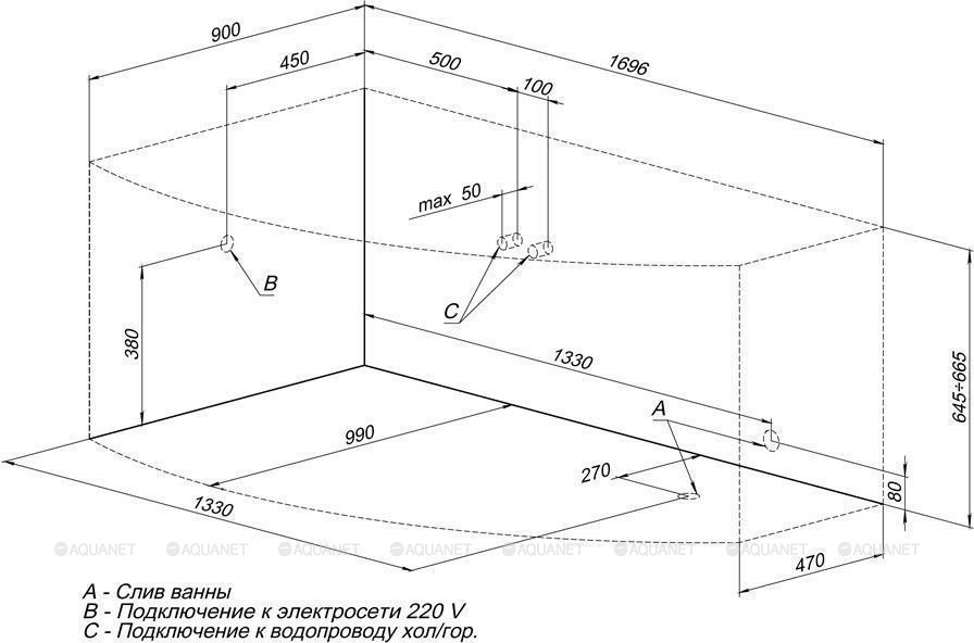 Акриловая ванна Aquanet Jersey 170x90 L