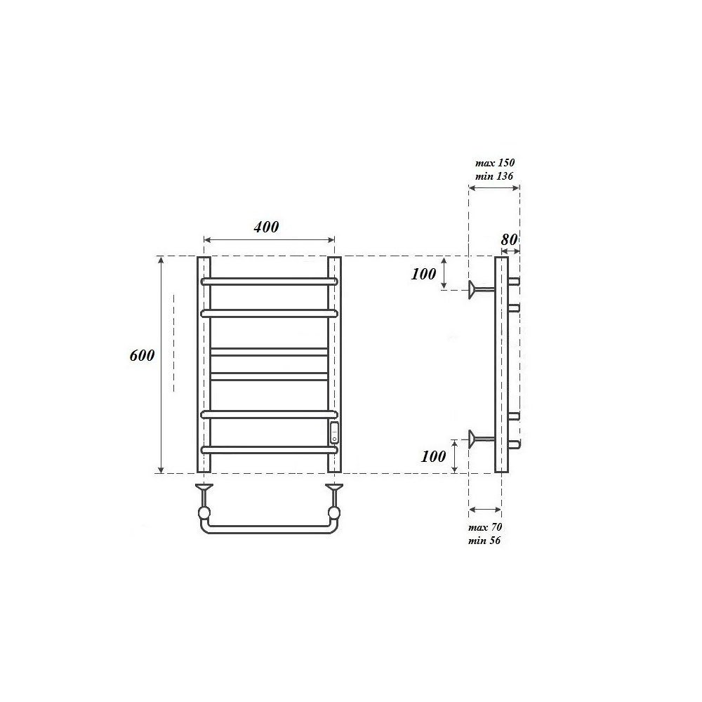 Полотенцесушитель электрический Point PN90846B П6 400x600 диммер справа, черный