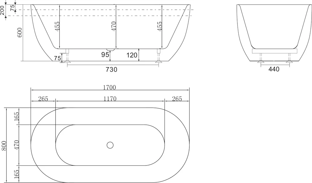 Акриловая ванна BelBagno BB70-1700-800-W/NM 170x80 см, отдельностоящая, овальная, с ножками, со сливом-переливом, черная